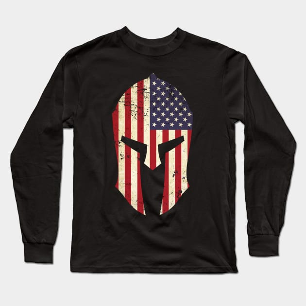 Spartan Helmet American Flag Distressed Warrior Long Sleeve T-Shirt by Beltschazar